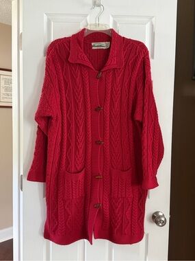 Aran Crafts Red Cable-Knit Button Cardigan